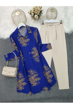 Boydan Düğmeli Desenli Viskon Tunik -Saks