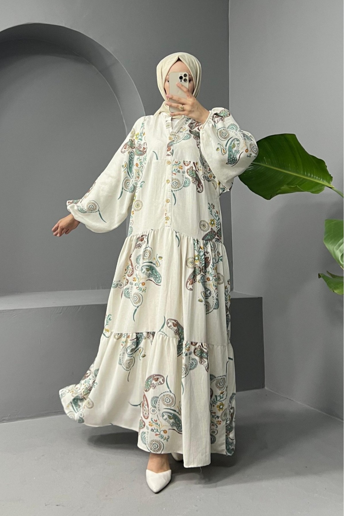 High Collar Half Buttoned Linen Dress -Emerald