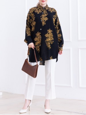 Desenli Boydan Düğmeli Arkası Uzun Viskon Tunik -Siyah