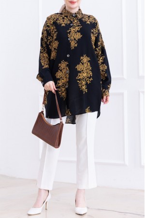 Desenli Boydan Düğmeli Arkası Uzun Viskon Tunik -Siyah