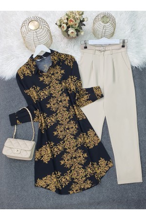 Boydan Düğmeli Desenli Viskon Tunik -Siyah