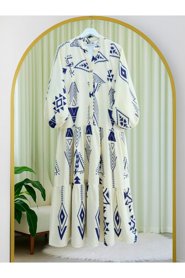 Half Buttoned Patterned Dress with Elastic Sleeves -Ecru