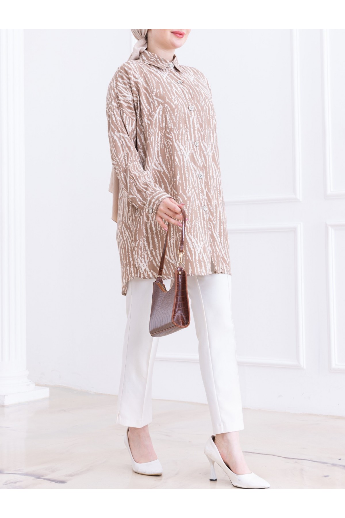 Striped Patterned Buttoned Viscose Tunic -Mink color