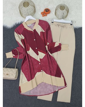 Floral Pattern Ribbed Buttoned Oversize Tunic  -Maroon