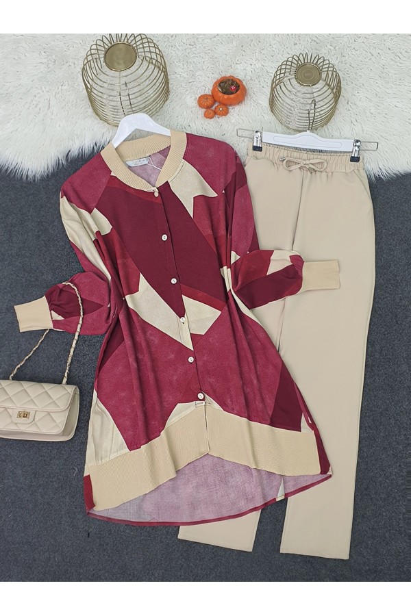 Çiçek Desen Ribanalı Düğmeli Oversize Tunik  -Bordo