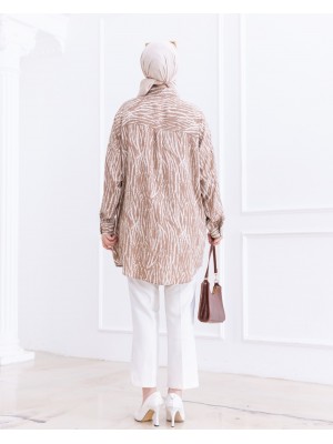 Striped Patterned Buttoned Viscose Tunic -Mink color