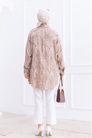 Striped Patterned Buttoned Viscose Tunic -Mink color