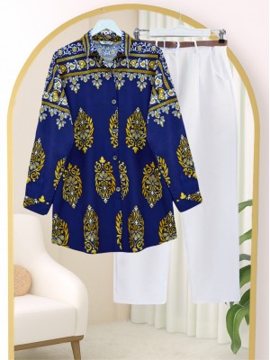 Oval Kesim Boydan Düğmeli Viskon Tunik -İndigo