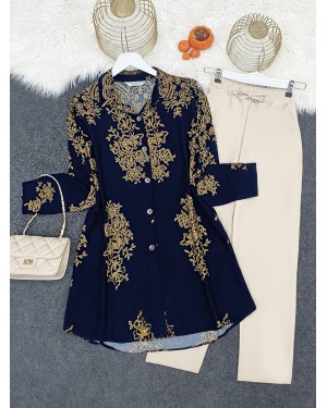 Patterned Buttoned Back Long Viscose Tunic -Navy blue