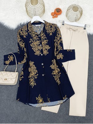 Desenli Boydan Düğmeli Arkası Uzun Viskon Tunik -Laci