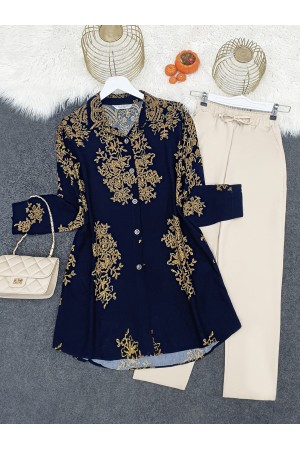 Desenli Boydan Düğmeli Arkası Uzun Viskon Tunik -Laci