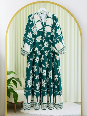 Half Buttoned Patterned Dress with Elastic Sleeves -Emerald