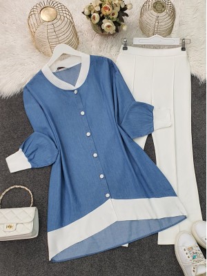 Yakası ve Etek Ucu Ribanalı Düğmeli Kot Tunik -Mavi