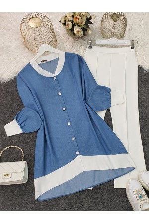 Yakası ve Etek Ucu Ribanalı Düğmeli Kot Tunik -Mavi