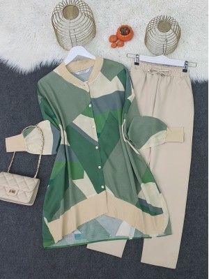 Çiçek Desen Ribanalı Düğmeli Oversize Tunik -Yeşil