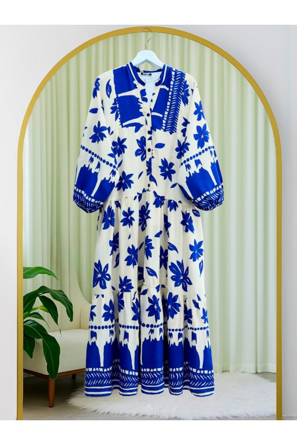 Half Buttoned Patterned Dress with Elastic Sleeves -Saxe 