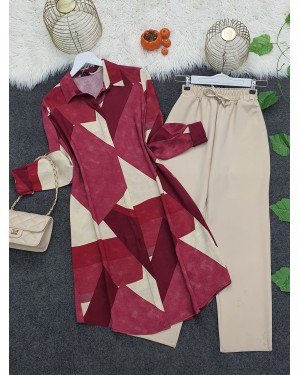 Buttoned Patterned Viscose Tunic    -Cherry Color
