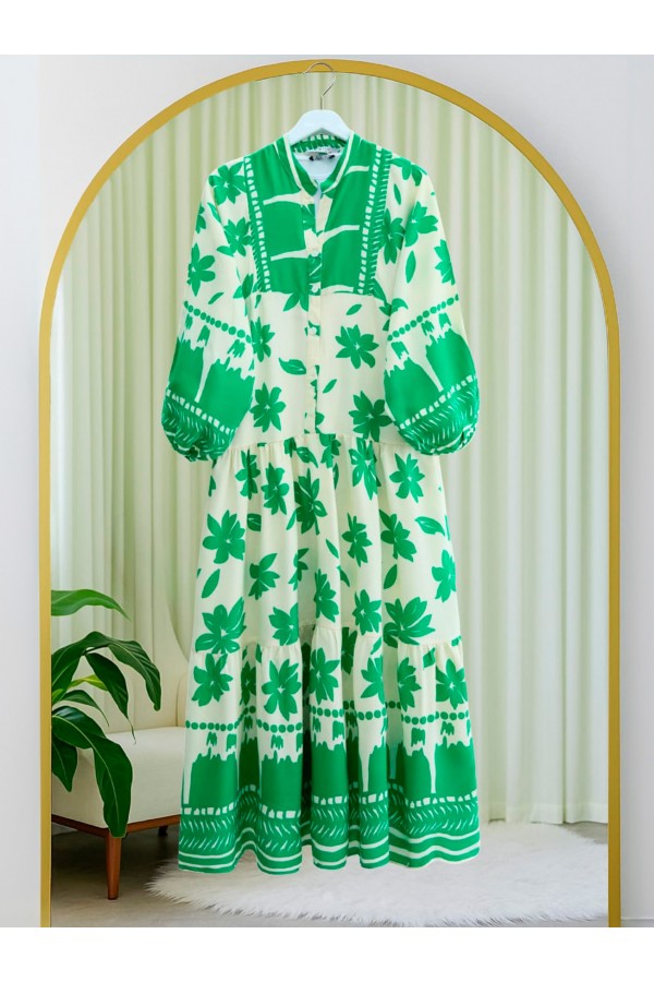 Half Buttoned Patterned Dress with Elastic Sleeves -Green