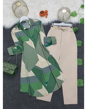 Buttoned Patterned Viscose Tunic    -Khaki