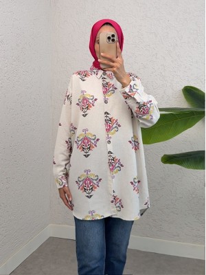 Buttoned Patterned Oversized Linen Tunic -Pink