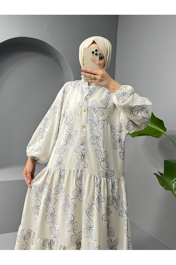 High Collar Half Buttoned Linen Dress -Baby Blue