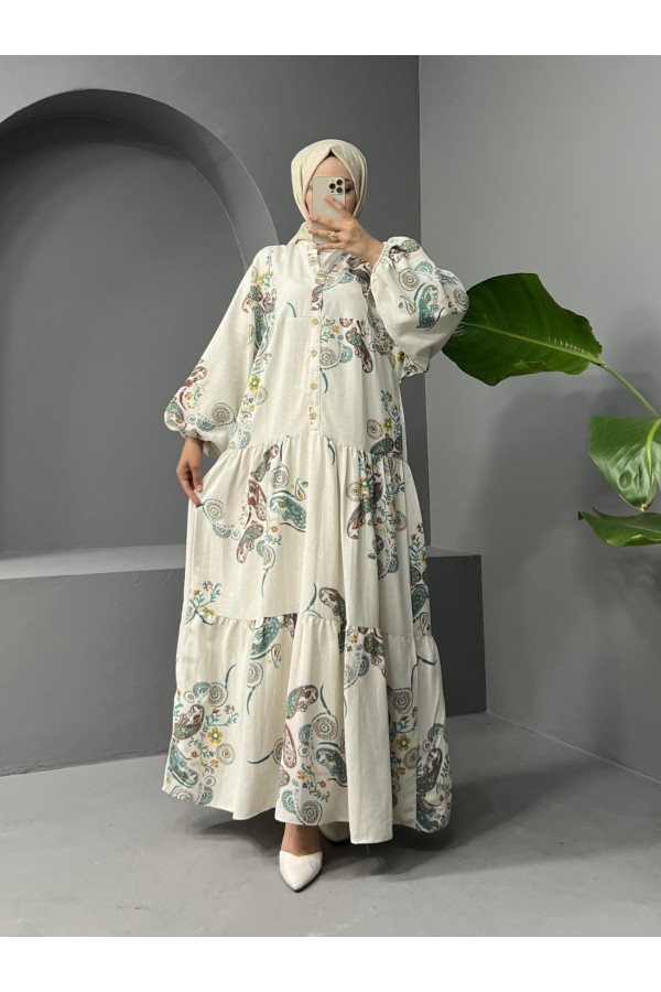 High Collar Half Buttoned Linen Dress -Emerald