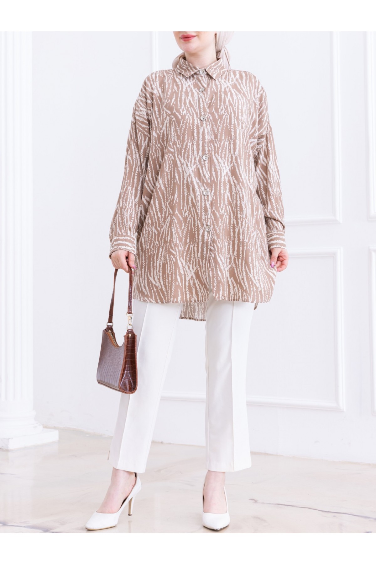 Striped Patterned Buttoned Viscose Tunic -Mink color detay görseli