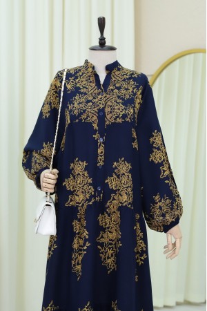 Dik Yaka Yarım Düğmeli Parçalı Elbise  -K.Laci