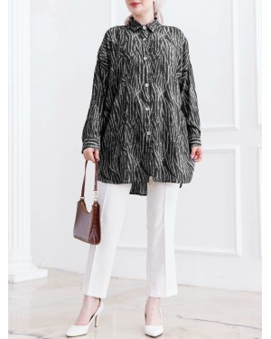 Çizgi Desenli Boydan Düğmeli Viskon Tunik -Siyah