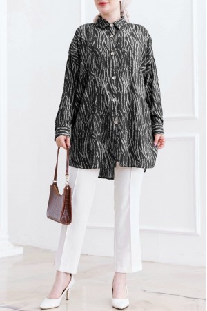 Striped Patterned Buttoned Viscose Tunic -Black