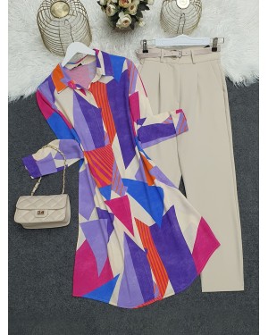 Mixed Patterned Long Viscose Tunic  - Purple