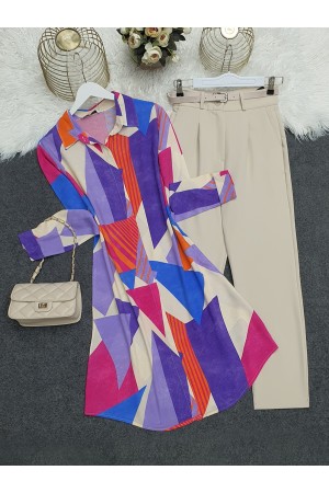 Karışık Desenli Uzun Viskon Tunik  -Mor