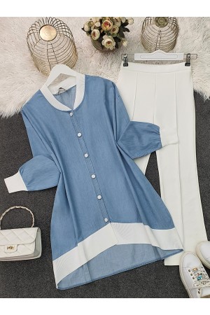 Yakası ve Etek Ucu Ribanalı Düğmeli Kot Tunik -Buz Mavi