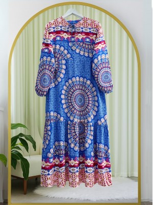 Parçalı Deseli Bağcıklı Kolu Lastikli Elbise  -Mavi