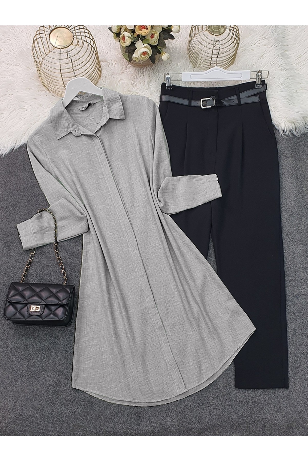 Linen Tunic with Hidden Buttons -Grey