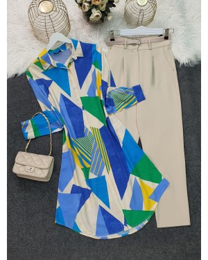 Mixed Patterned Long Viscose Tunic  -Yellow