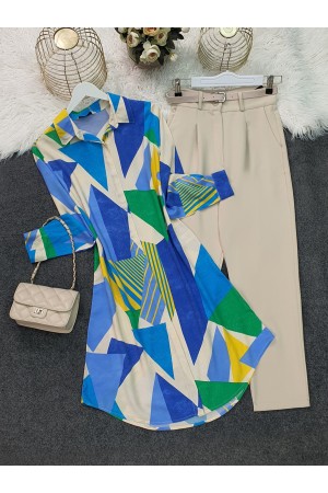 Karışık Desenli Uzun Viskon Tunik  -Sarı