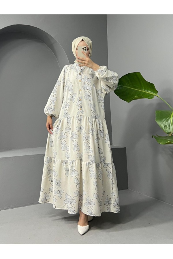High Collar Half Buttoned Linen Dress -Baby Blue