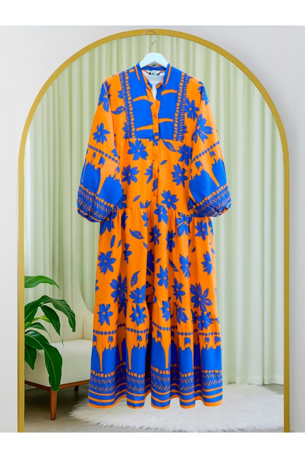 Half Buttoned Patterned Dress with Elastic Sleeves -Orange