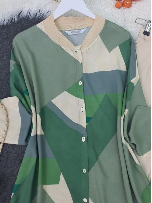 Çiçek Desen Ribanalı Düğmeli Oversize Tunik -Yeşil