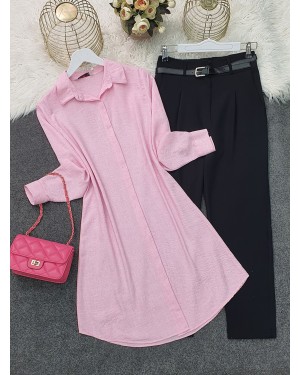 Linen Tunic with Hidden Buttons -Pink