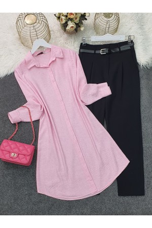 Boydan Gizli Düğmeli Keten Tunik -Pembe
