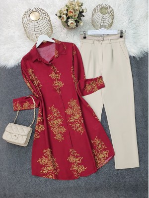 Boydan Düğmeli Desenli Viskon Tunik -Bordo