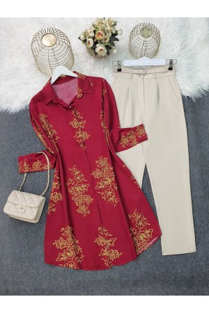 Boydan Düğmeli Desenli Viskon Tunik -Bordo