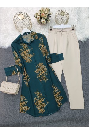 Boydan Düğmeli Desenli Viskon Tunik -Zümrüt