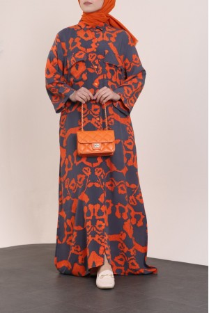 Buttoned Double Pocket Polo Neck Viscose Dress -Smoked 