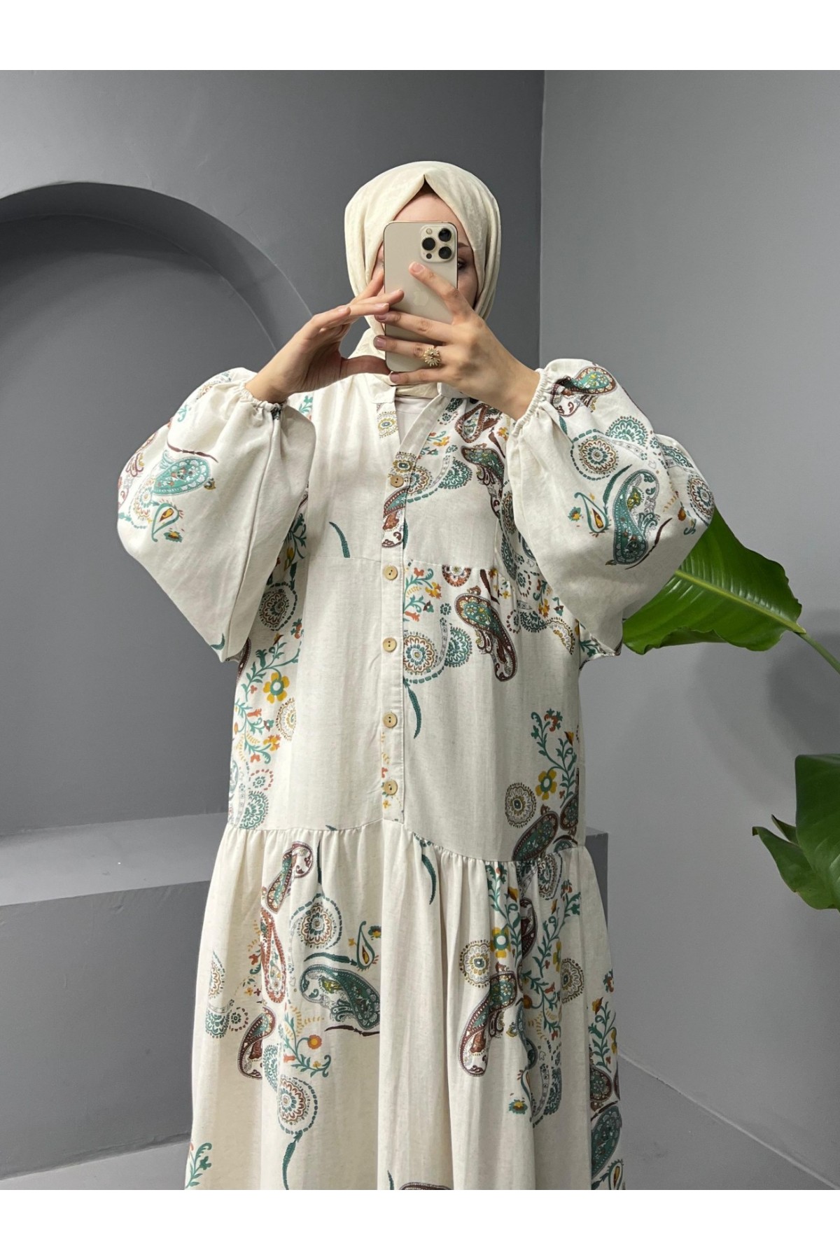High Collar Half Buttoned Linen Dress -Emerald