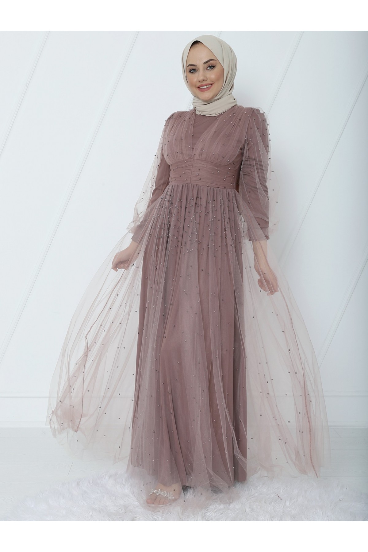 Judge Collar Pearl Tulle Evening Dress -Mink color