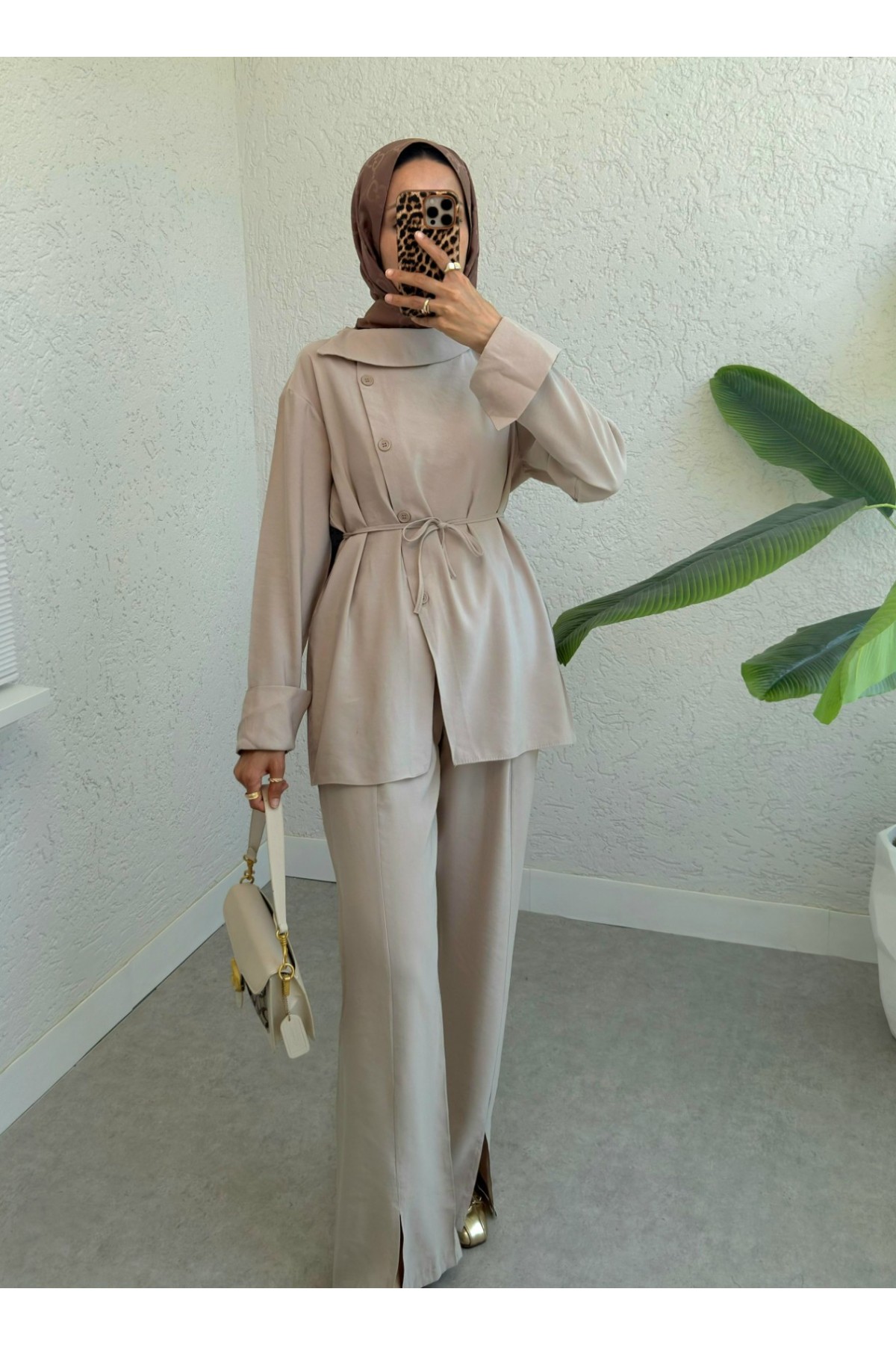 Cross Buttoned Waist Tied Trouser Suit -Stone