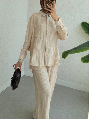 Tek Cepli Fitilli Tensel Kumaş İkili Takım  -Bej